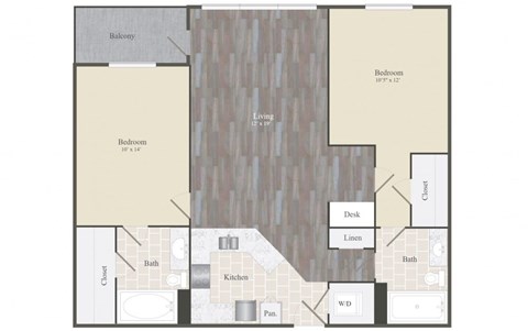 Floor plan for 2 beds, 2 baths, 1091 sqft